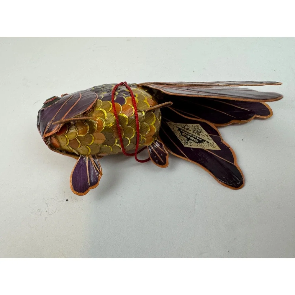 Vintage Chinese Folk Art Goldfish Lantern Purple Gold Straw Ornament Decor 4.5
